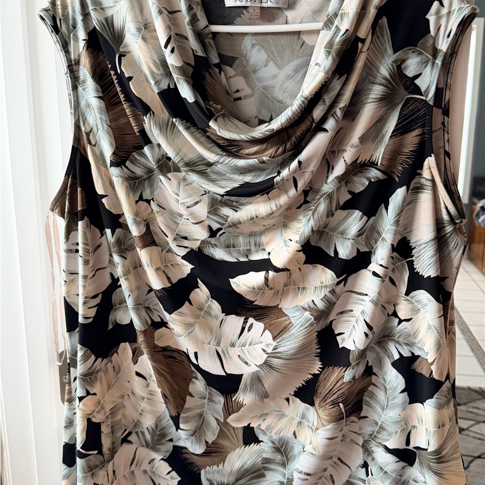 Kasper Black Tropical Leaf Print Sleeveless Cowl Neck Blouse